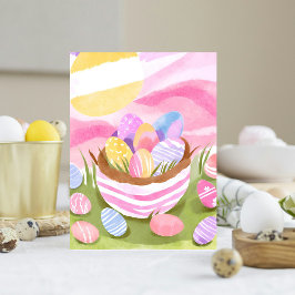 ピンクのイースターエッグバスケット | パステルウォーターカラー シーズンポストカード