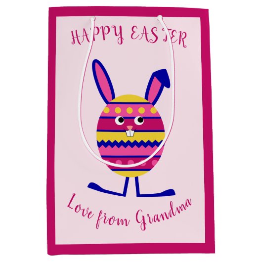 ピンクのイースターエッグバニーカスタム文字 ミディアムペーパーバッグ (正面)