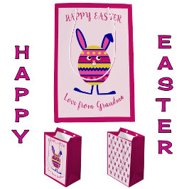 ピンクのイースターエッグバニーカスタム文字 ミディアムペーパーバッグ