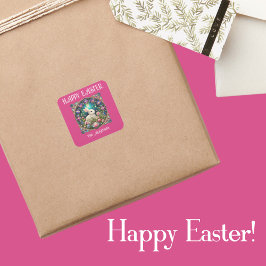 ピンクのイースターバニーアールヌーボーステンドグラス スクエアシール