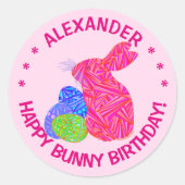 ピンクのイースターバニーイースターをテーマにした誕生日パーティー ラウンドシール (正面)