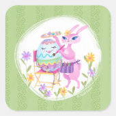 ピンクのイースターバニーウサギと卵 | スクエアシール (正面)