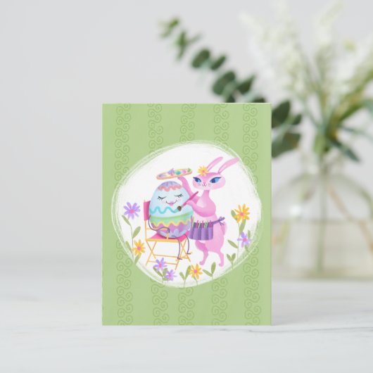 ピンクのイースターバニーウサギと卵 ポストカード (スタンド正面)