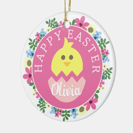 ピンクのイースターフラワーリングや輪ベビー写真の名前エッグシック セラミックオーナメント (左)