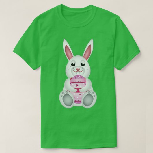 ピンクのイースター卵を持つ白いバニー Tシャツ (デザイン正面)