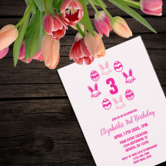 ピンクのイースター3回目の誕生日 招待状