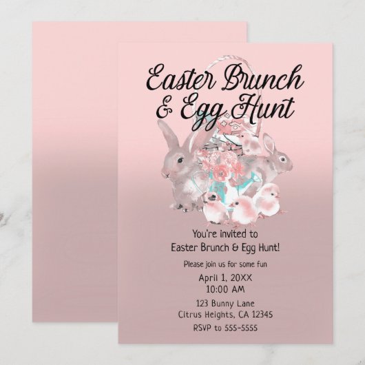ピンクのイースター・ブランチ＆イースターエッグ・ハント 春のParty 招待状 (正面/裏面)