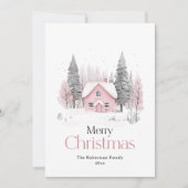 ピンクのウィンターコテージクリスマス シーズンカード (正面)