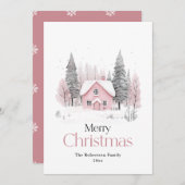ピンクのウィンターコテージクリスマス シーズンカード (正面/裏面)