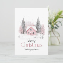 ピンクのウィンターコテージ クリスマス シーズンカード