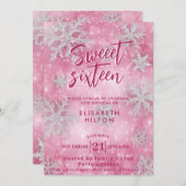ピンクのウィンターワンダーランドの雪の結晶が、スイート16のドレスを飾る 招待状 (正面/裏面)