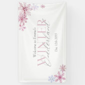 ピンクのウィンターワンダーランドの雪の結晶　ファーストバースデー 横断幕 (縦)