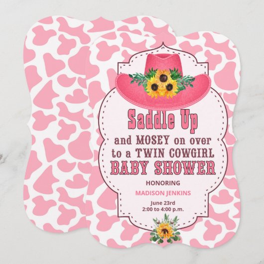 ピンクのウェスタン ツインカウガール ベイビーシャワー 招待状 (正面/裏面)