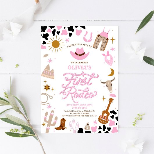 ピンクのウェスタン ファーストロデオ ご招待 招待状