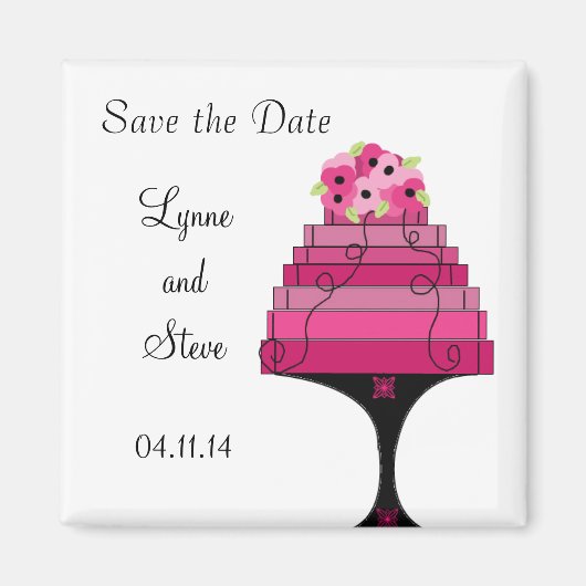 ピンクのウェディングケーキのSave the Date マグネット (正面)
