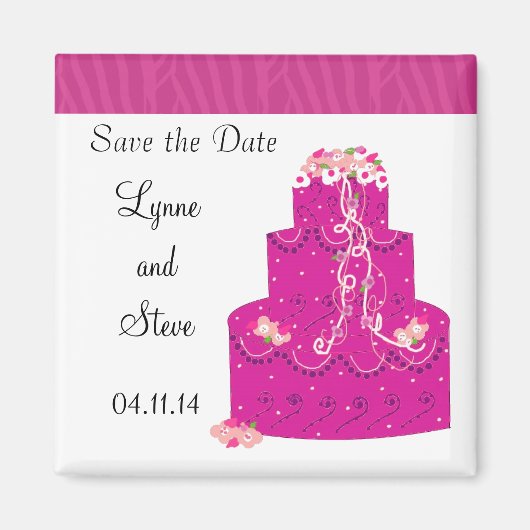 ピンクのウェディングケーキのSave the Date マグネット (正面)