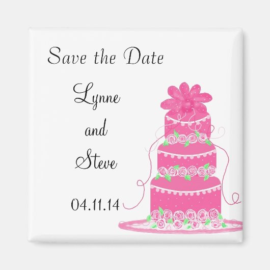 ピンクのウェディングケーキのSave the Date マグネット (正面)