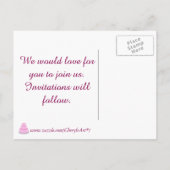 ピンクのウェディングケーキハーツ日付はがきを保存 案内ポストカード (裏面)