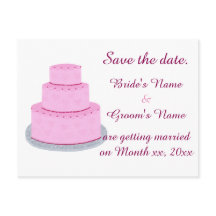 ピンクのウェディングケーキハーツ日付はがきを保存
