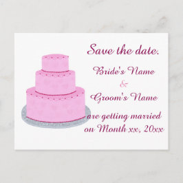 ピンクのウェディングケーキハーツ日付はがきを保存 案内ポストカード