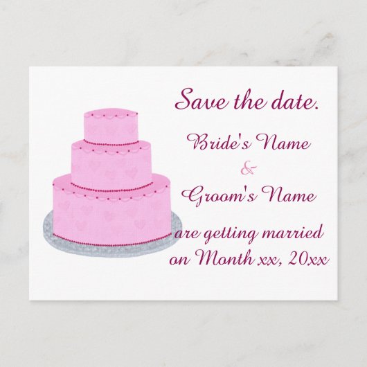 ピンクのウェディングケーキハーツ日付はがきを保存 案内ポストカード (正面)