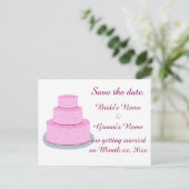 ピンクのウェディングケーキハーツ日付はがきを保存 案内ポストカード (スタンド正面)