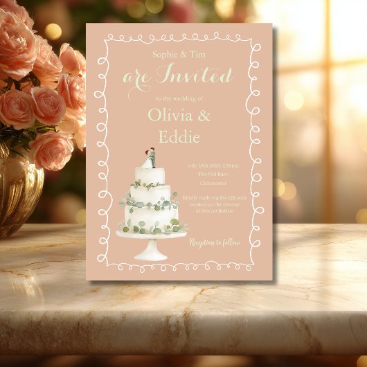 ピンクのウェディングケーキQRコード付き結婚式招待状