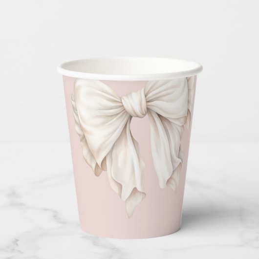 ピンクのウェディングシャワーのためのかわいいアイボリー白のリボン 紙コップ (裏面)