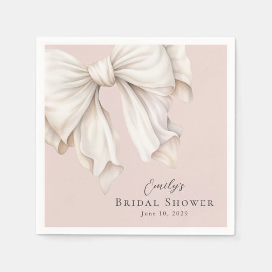 ピンクのウェディングシャワーのためのキュートなアイボリー白のリボン スタンダードカクテルナプキン (正面)