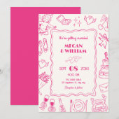 ピンクのウェディングラインアートスケッチ楽しい 招待状 (正面/裏面)