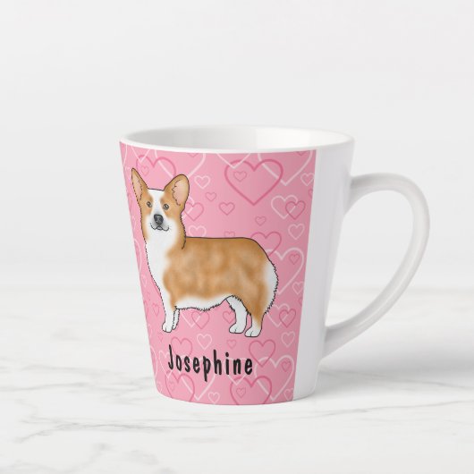 ピンクのウェルシュコーギーに赤いペンブレークハートの名前 カフェラテマグ (右)