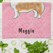 ピンクのウェルシュコーギーに赤いペンブレークハートの名前 キッチンタオル (折り畳み)