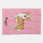 ピンクのウェルシュコーギーに赤いペンブレークハートの名前 キッチンタオル (横)