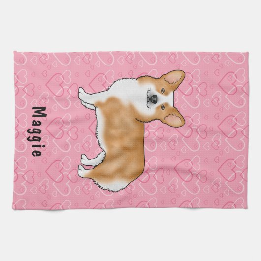 ピンクのウェルシュコーギーに赤いペンブレークハートの名前 キッチンタオル (横)