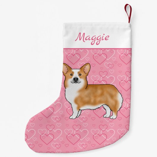 ピンクのウェルシュコーギーに赤いペンブレークハートの名前 スモールクリスマスストッキング (裏面)
