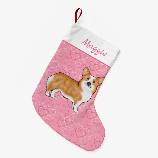 ピンクのウェルシュコーギーに赤いペンブレークハートの名前 スモールクリスマスストッキング (正面 (吊り時))