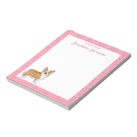ピンクのウェルシュコーギーに赤いペンブロークハートと文字 ノートパッド (回転)