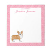 ピンクのウェルシュコーギーに赤いペンブロークハートと文字 ノートパッド (正面)