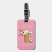 ピンクのウェルシュコーギーに赤いペンブロークハートと文字 ラゲッジタグ (正面縦)