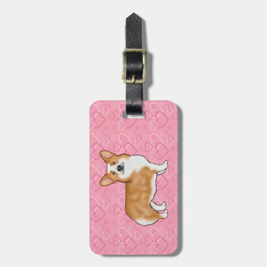 ピンクのウェルシュコーギーに赤いペンブロークハートと文字 ラゲッジタグ (正面縦)