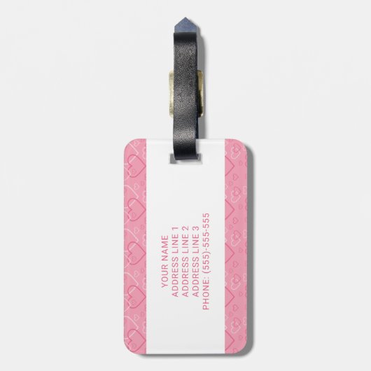 ピンクのウェルシュコーギーに赤いペンブロークハートと文字 ラゲッジタグ (裏面縦)