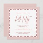 ピンクのウェーブボーダー ハロー フィフティ 誕生日招待状 招待状 (正面/裏面)