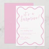 ピンクのウェーブボールドモダンサプライズ誕生日パーティー 招待状 (正面/裏面)