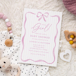 ピンクのウェーブリボンボウガールベビーシャワー 招待状