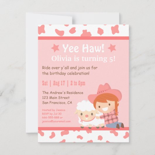 ピンクのウエスタンカウガール牧場の子供の誕生日パーティー 招待状 (正面)