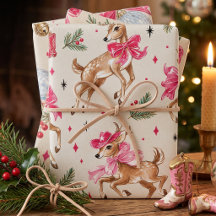 ピンクのウエスタントナカイのクリスマス包装紙