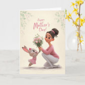 ピンクのウサギが母の日に花をママにあげる カード (黄色い花)