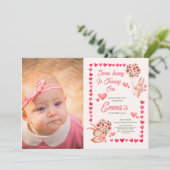 ピンクのウサギと写真の初誕生日 招待状 (スタンド正面)