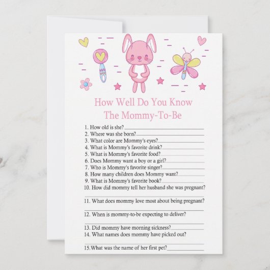 ピンクのウサギどのように赤ちゃんシャワーゲームを知っている 招待状 (正面)