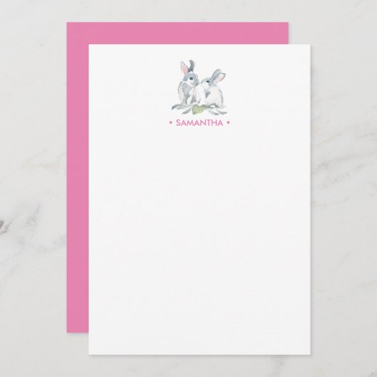 ピンクのウサギのカスタマイズステーショナリー ノートカード (正面/裏面)
